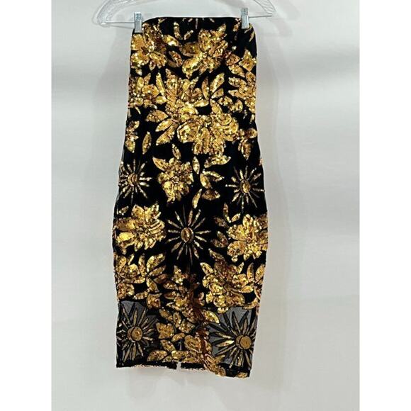 MILLY Sz 0 XS Kait Dress Gold Black Sequin Holiday Nights Strapless Midi - Picture 6 of 11